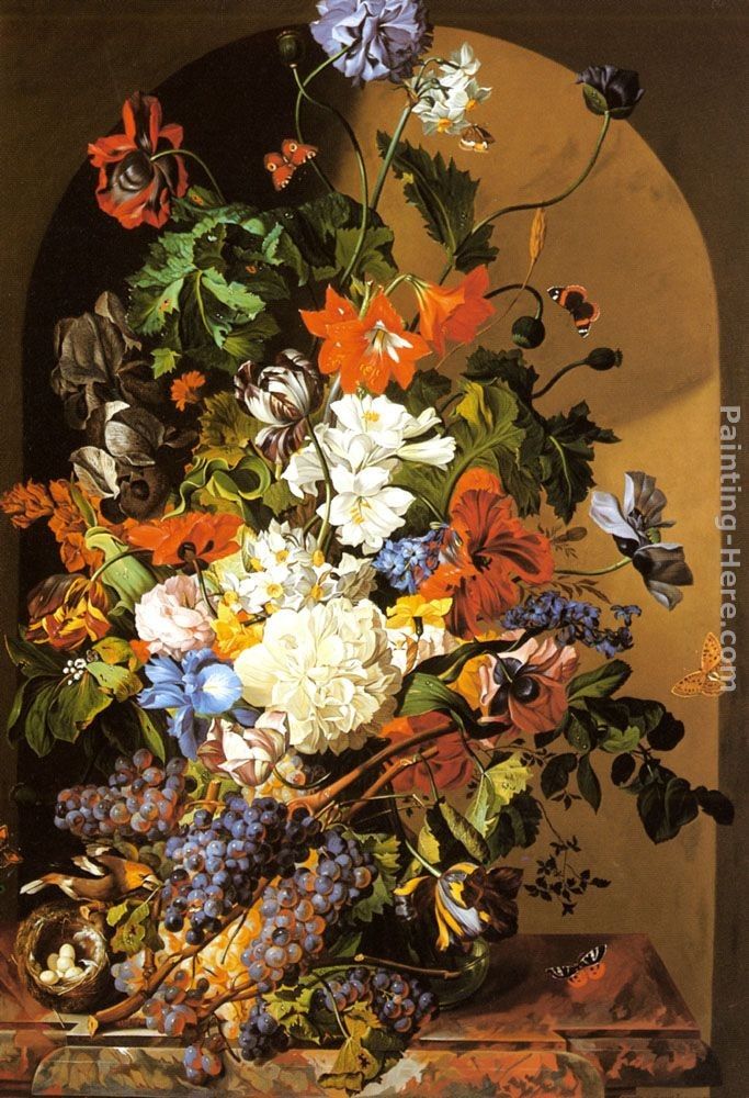 Leopold Zinnogger A Still Life with Flowers and Grapes
